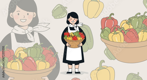 Freshly Harvested Bell Peppers Held by a Smiling Woman in an Apron Illustration