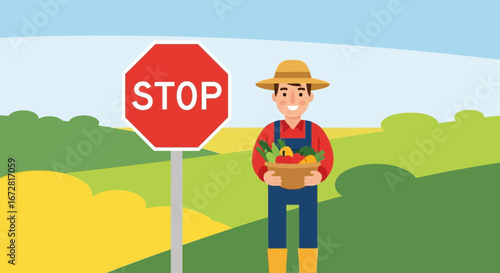 Farmer With Fresh Produce Near Stop Sign In A Picturesque Field Scene Illustration