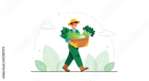Farmer With Celery Harvest: Delivering Garden-Fresh Produce in a Cheerful Illustration