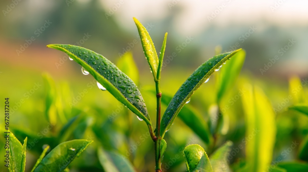 Fototapeta premium Close-up of fresh tea leaves with morning dew in soft natural light, botanical setting. 