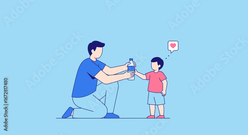 Father Giving Water Bottle To His Child With A Heart In A Thought Bubble