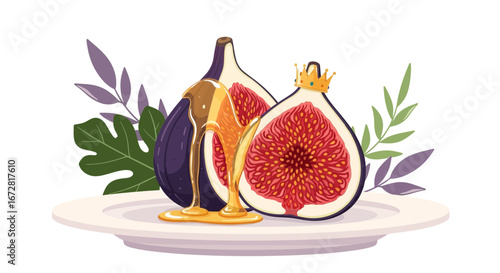 Freshly Sliced Figs Dripping With Honey on a Delicate Plate With Crowned Fruit
