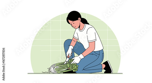 Female Prepares Fresh Vegetables For Culinary Delights In A Minimalistic Illustrated Style