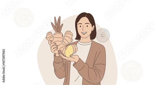 Female With Ginger Root Showing Fresh Produce Depicting Healthy Eating And Nutrition