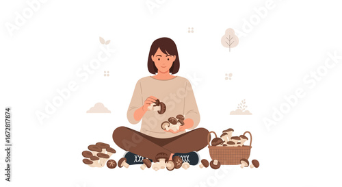 Female With Mushrooms Harvesting Forest Products, Healthy Lifestyle, Nature, Foraging, Organic