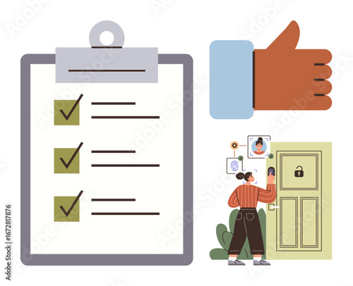 Checklist with checkmarks, a thumbs-up icon, and a woman using face recognition to unlock a door. Ideal for security, access control, technology, approval processes, task management, smart homes