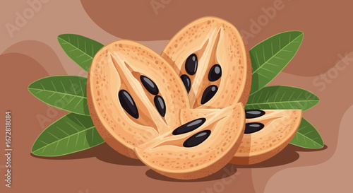 Freshly Sliced Sapodilla Fruit With Leaves Artistic Food Illustration