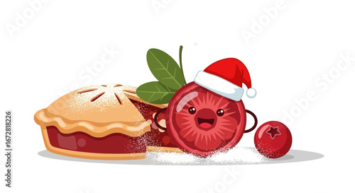Festive Cranberry Pie And Animated Berry Character In Holiday Christmas Style
