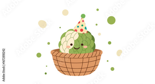 Festive Custard Apple Wearing A Party Hat In A Woven Basket Celebrating Joy