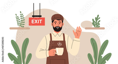 Friendly Barista Holding Coffee Cup, Welcoming Guests, Near EXIT Sign In Cafe