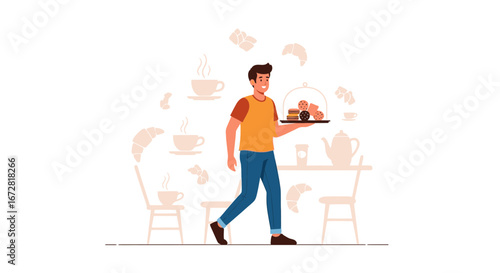 Friendly Bartender Presenting Desserts and Drinks in a Stylish Cafe Setting