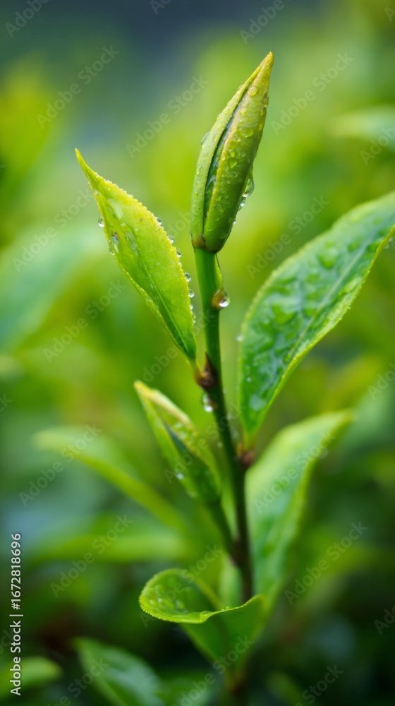 Obraz premium Close-up of fresh tea leaves with morning dew in soft natural light, botanical setting. 
