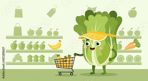 Friendly Cabbage Character Shopping For Groceries In The Colorful Supermarket
