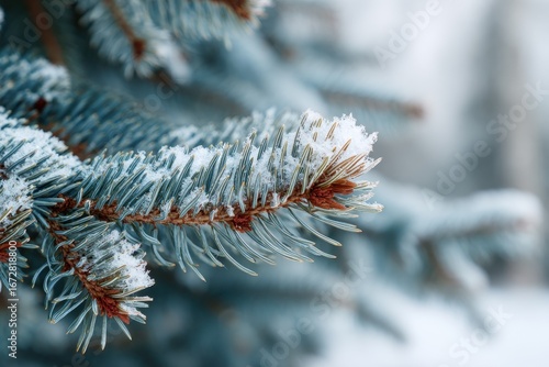 Stunning snow laden conifer in the woods Frosty festive tree Close up of blue spruce branch Blurred backdrop