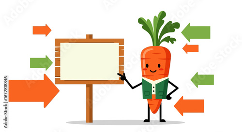 Friendly Carrot Presenting Information on a Wooden Sign Surrounded by Directional Arrows