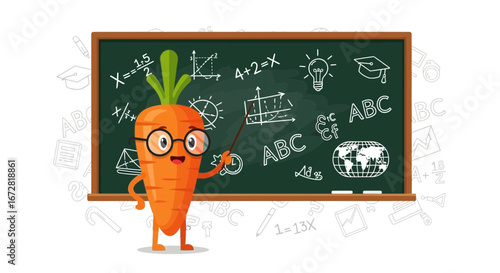 Friendly Carrot Professor Presenting Educational Concepts on a Blackboard Full Screen