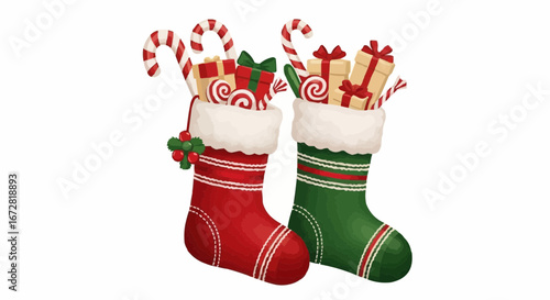 Christmas theme 2025 vector christmas stocking filled with gifts candy canes holiday season decoration festive celebration tradition