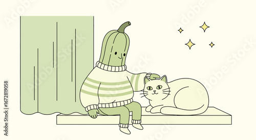 Friendly Cucumber Figure Petting Affectionate Cat On A Window Sill At Night