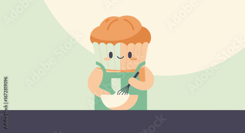 Friendly Cupcake Cartoon Character Baking Dessert in Stylish Kitchen Illustration