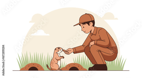 Friendly Encounter: A Man Interacts With a Small Animal on a Sunny Day in Nature