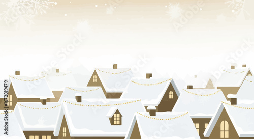 Festive Village Scene With Snow-Covered Houses, Festive Lights, Minimalist Illustration