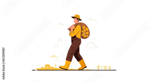 Farmer Carrying a Bag of Harvested Crops, Conceptual Illustration, Countryside Theme