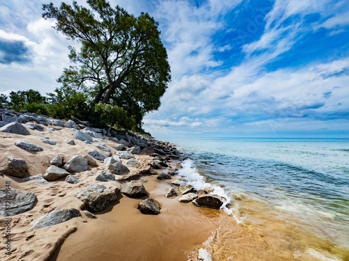 Scene along the public lakeshore of Duck Lake near Whitehall, Michigan