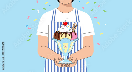 Friendly Ice Cream Shop Server Offering A Delicious Sundae To Customers