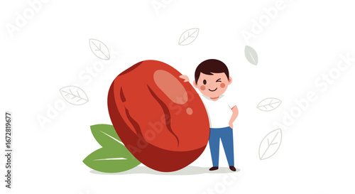 Friendly Illustration Of A Boy With A Big Jujube Fruit, Comic Style Food Illustration