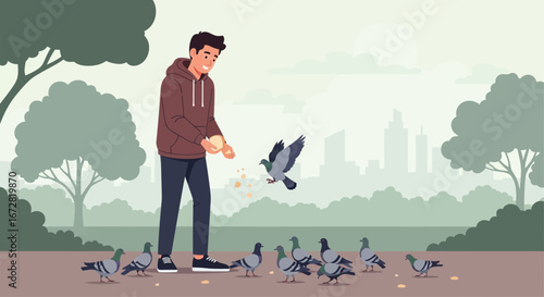 Friendly Person Feeds Park Pigeons, Enjoying a Beautiful Day Outdoors in the City