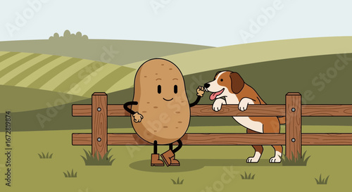 Friendly Potato And Dog Socializing By A Wooden Fence In A Scenic Countryside Setting