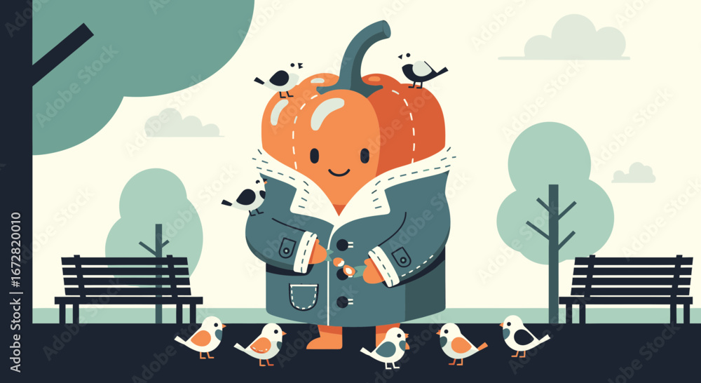Obraz premium Friendly Pumpkin Character Enjoying Nature Among Playful Birds In The Park