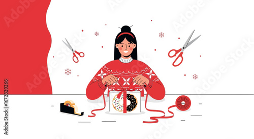 Festive Woman Boxing Donuts, Preparing A Sweet Gift For Christmas In A Stylish Way