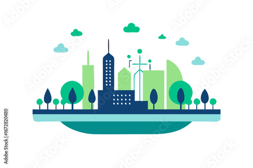 Stylized flat illustration of a modern city skyline with trees and clouds