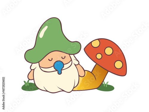Cute cartoon gnome sleeping next to a mushroom