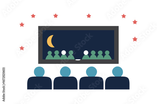 People watching a movie on a big screen under a starry night sky