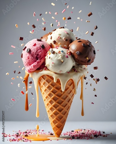 Melting Ice Cream Cone with Nuts and Chocolate Drizzle