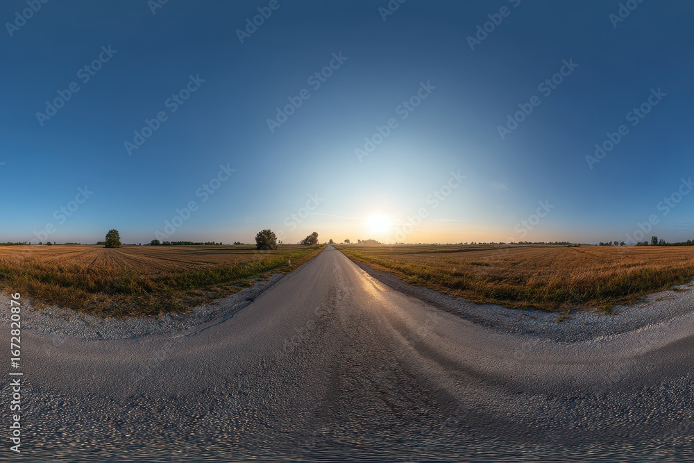 Fototapeta premium Complete 360 degree HDRI panorama of an empty asphalt road surrounded by fields at dusk under a clear sky in equirectangular format for VR AR