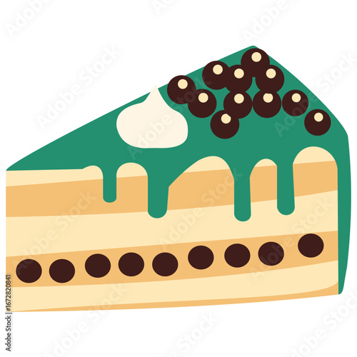 Slice of green cake with chocolate topping, creamy sweet dessert illustration isolated on white background for bakery.