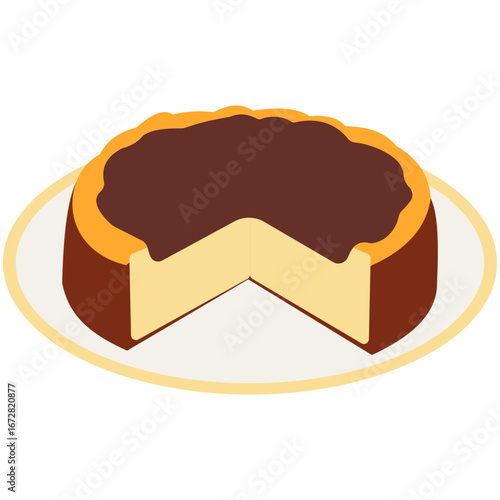 Chocolate tart cake with creamy filling, sweet dessert pastry isolated on white background for bakery, cafe, celebration.