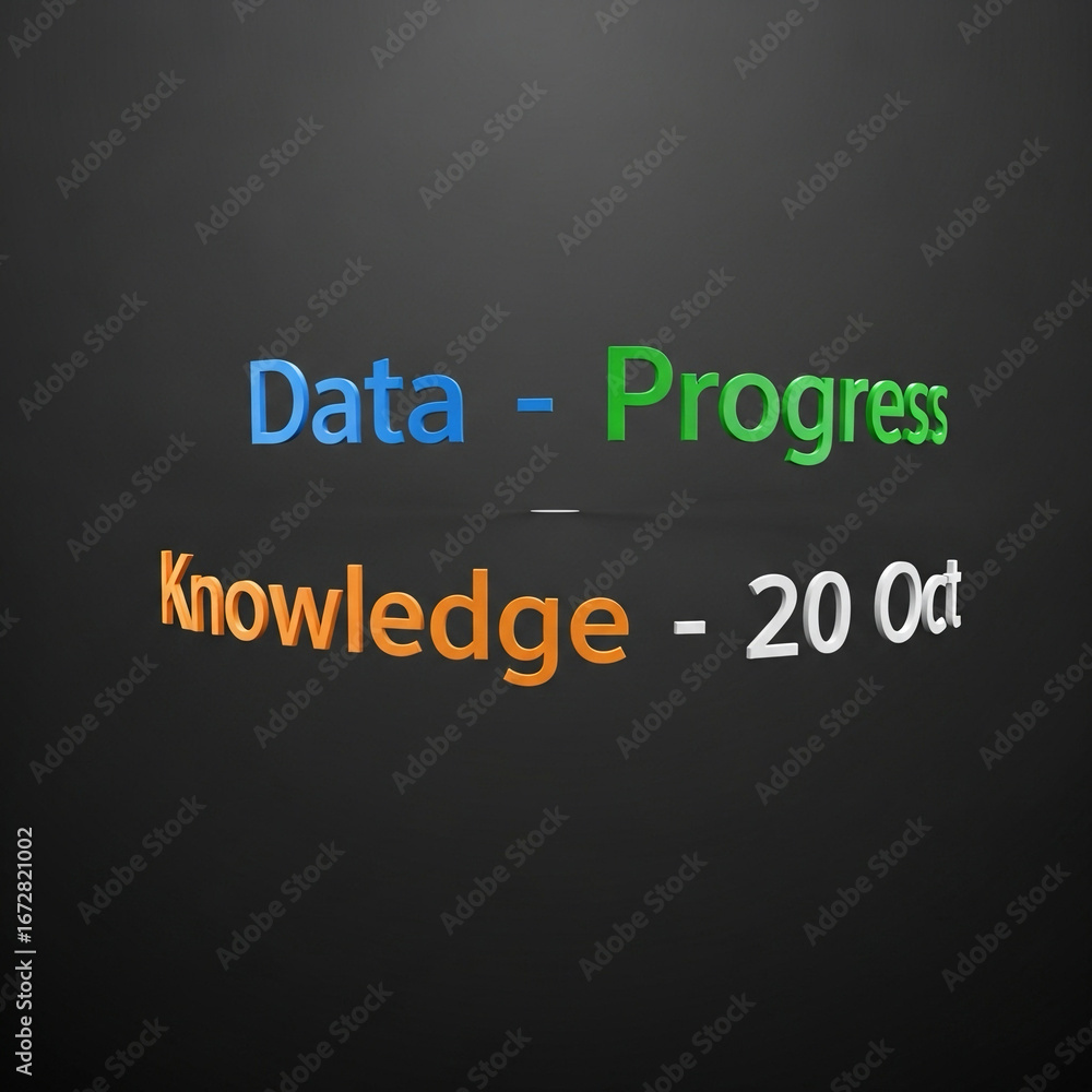 Fototapeta premium Typography-only animation with rotating words “Data • Progress • Knowledge – 20 Oct”.