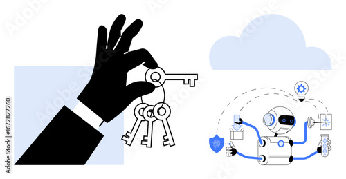 Black hand holding keys and futuristic robot performing various digital tasks with cloud icon. Ideal for security, cloud computing, AI, automation, access management, technology, innovation. Simple