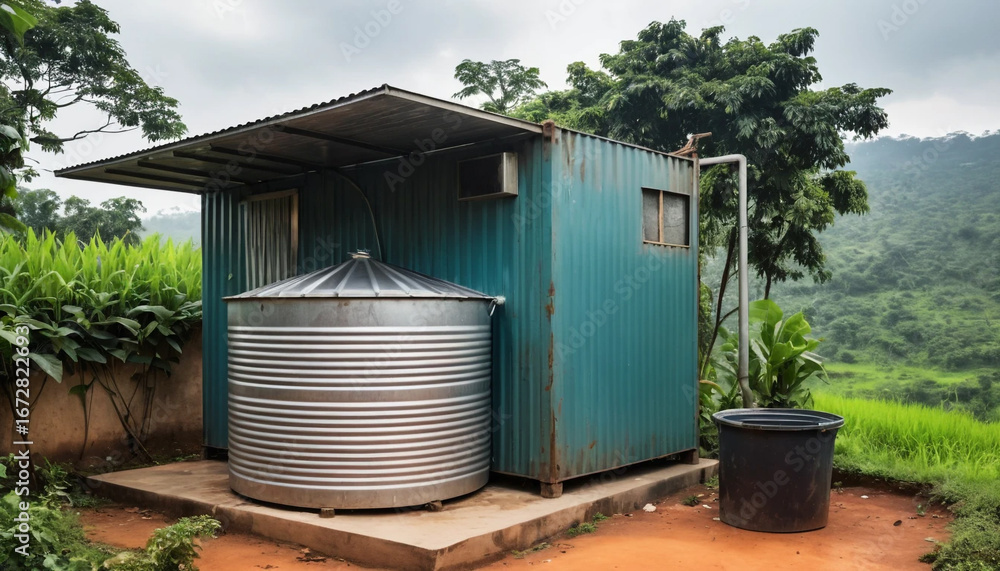 Obraz premium Metal rainwater container rural home