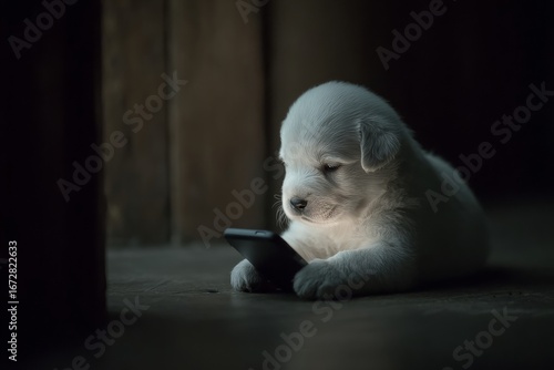Adorable puppy clutches phone, embracing the nighttime fright. Smartphone glow. Discover how big cities drive global innovation. Life in megacities. Urban world flow.