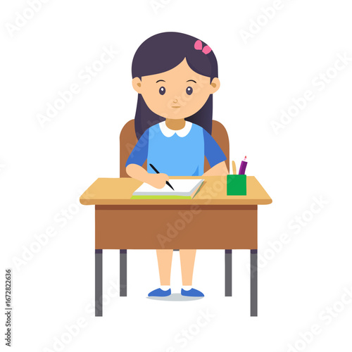 Girl Character at School at Desk Have Lesson Vector Illustration