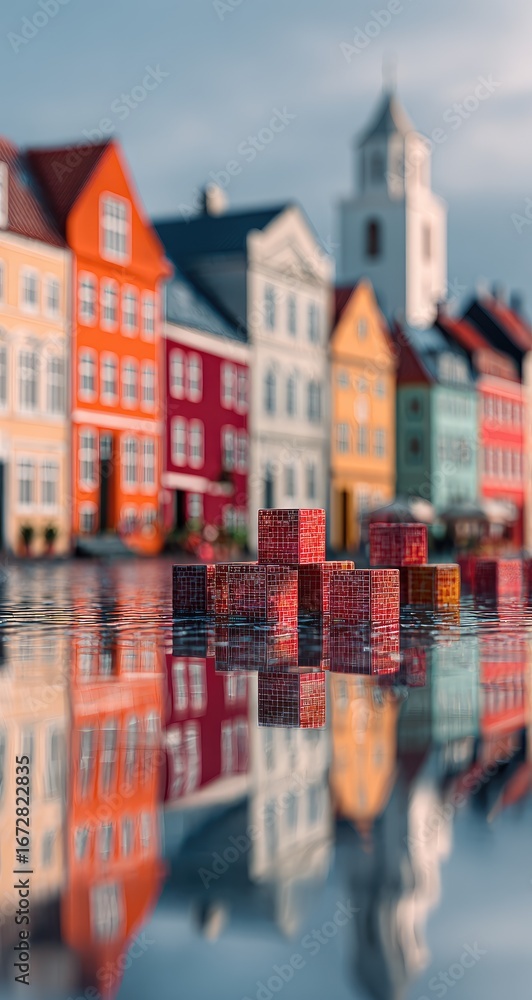 Fototapeta premium Colorful houses reflected in calm water, small blocks in foreground