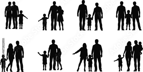 Silhouette family set featuring parents with children in various poses, ideal for parenting themes, family unity, and vector designs.