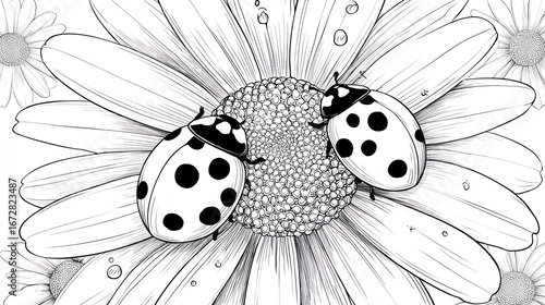 Line art of two ladybugs resting on the center of a large daisy flower
