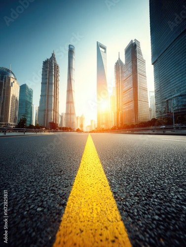 Urban avenue at dawn, modern skyscrapers, sunlit skyline
