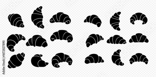 Collection of fifteen black silhouette croissant pastries arranged on a transparent background.